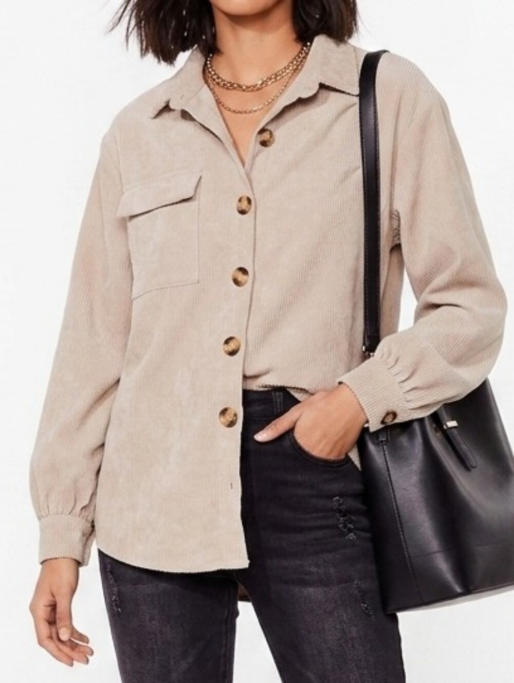 Nasty Gal Womens Corduroy Button-Up Shirt Beige 4